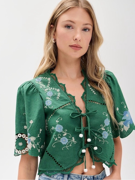 Magaschoni Tops - NWT Cotton/Linen Green Embroidered Tie Front Top